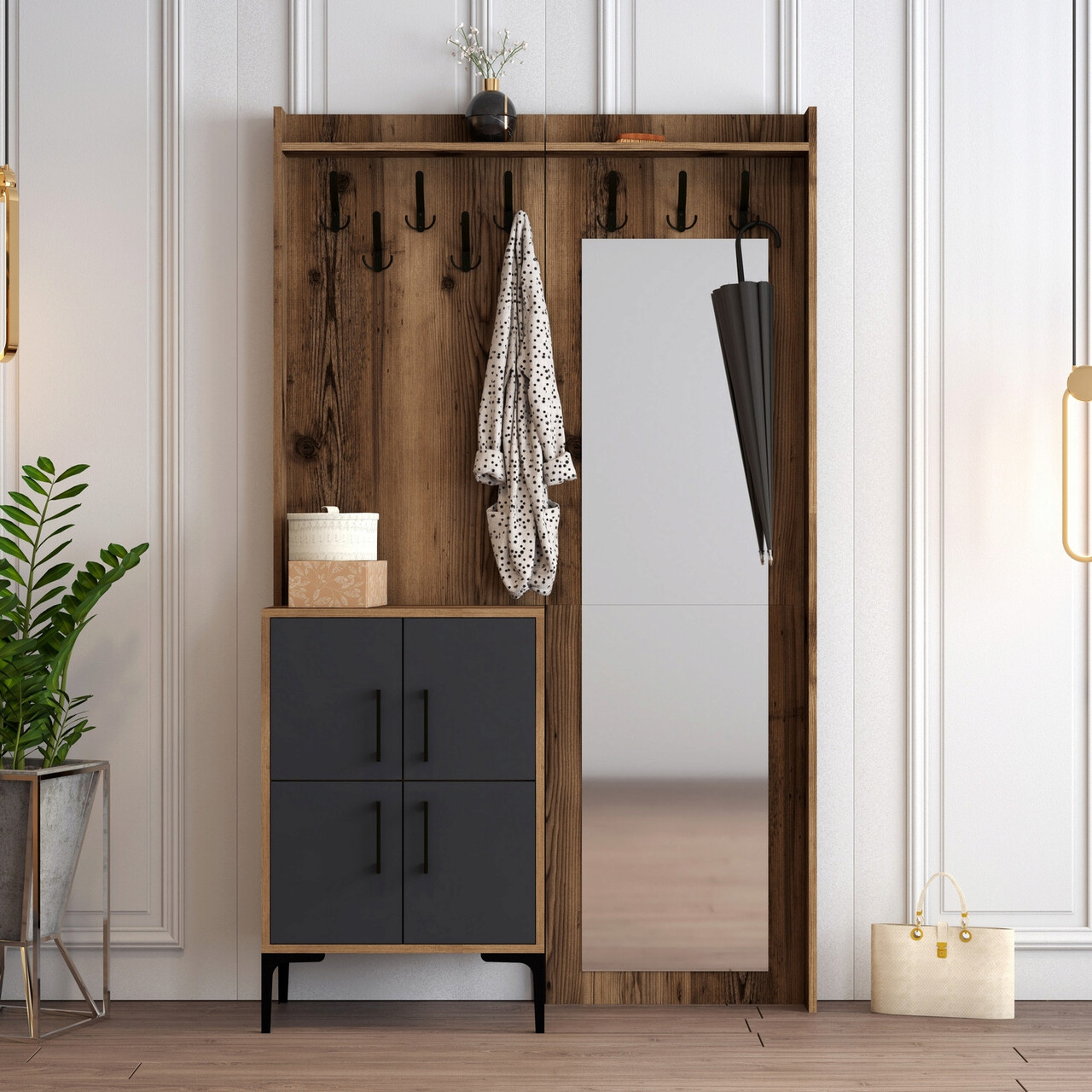 Cuier de perete, Hanah Home, Berlin BC, 120x200x35 cm, Nuc / Antracit - imagine 7